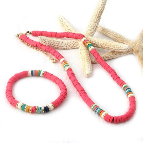 Beach 18K Gold Plated Heishi Beads Choker & Bracelet Set – Summer Polymer Clay - Picture 1 of 1